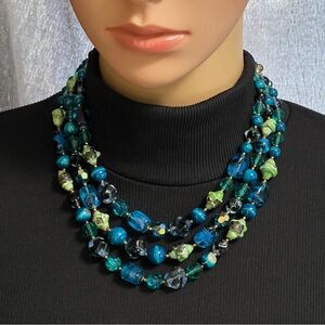 VTG 1960s Regency Jewels Multi-Layer Blue Green Glass & Crystal Beads Necklace
